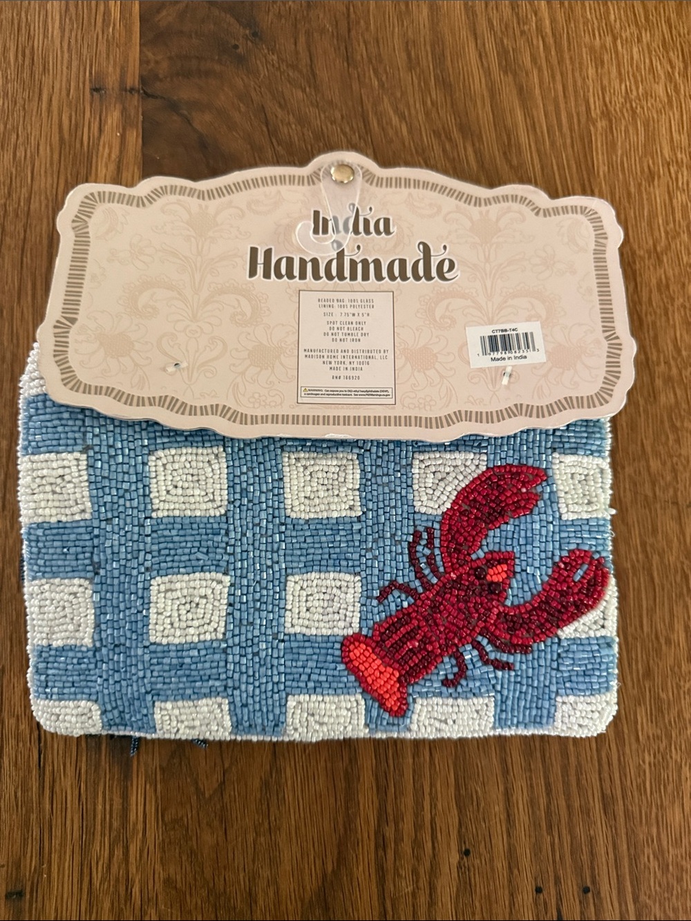 LOBSTER! Handmade Beaded Lobster Pouch in Blue & White 8”x 5” by Wandering Moon - Picture 2 of 4